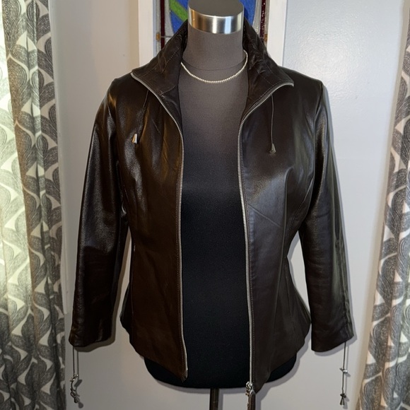 Bod & Christensen Dark Brown Leather Jacket with drawstring gather sleeves - Picture 6 of 10